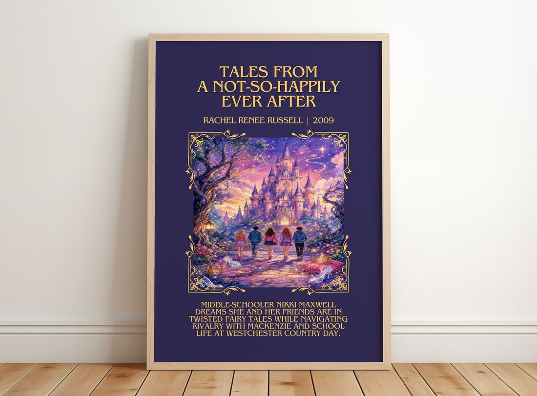 Tales from a Not-So-Happily Ever After Minimalist Book Poster – framed print leaning on a wooden floor