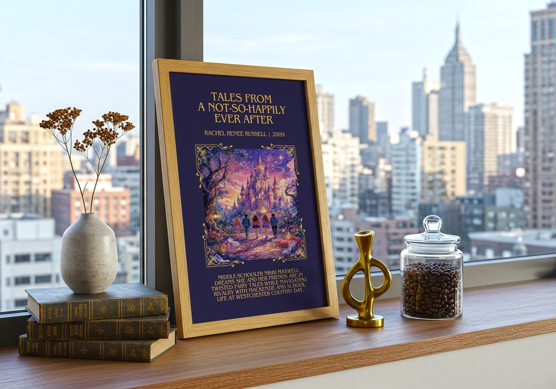Tales from a Not-So-Happily Ever After Minimalist Book Poster – framed print on a city-view windowsill