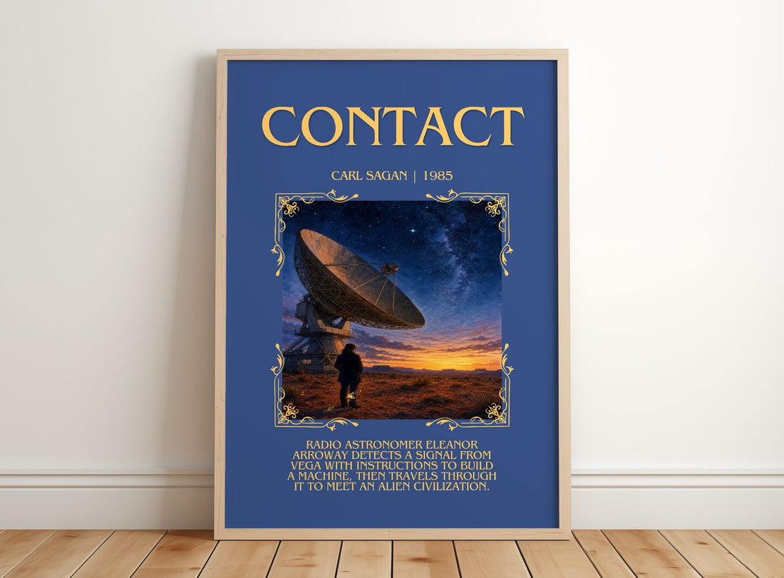Contact Minimalist Book Poster by Carl Sagan – framed print leaning on a wooden floor