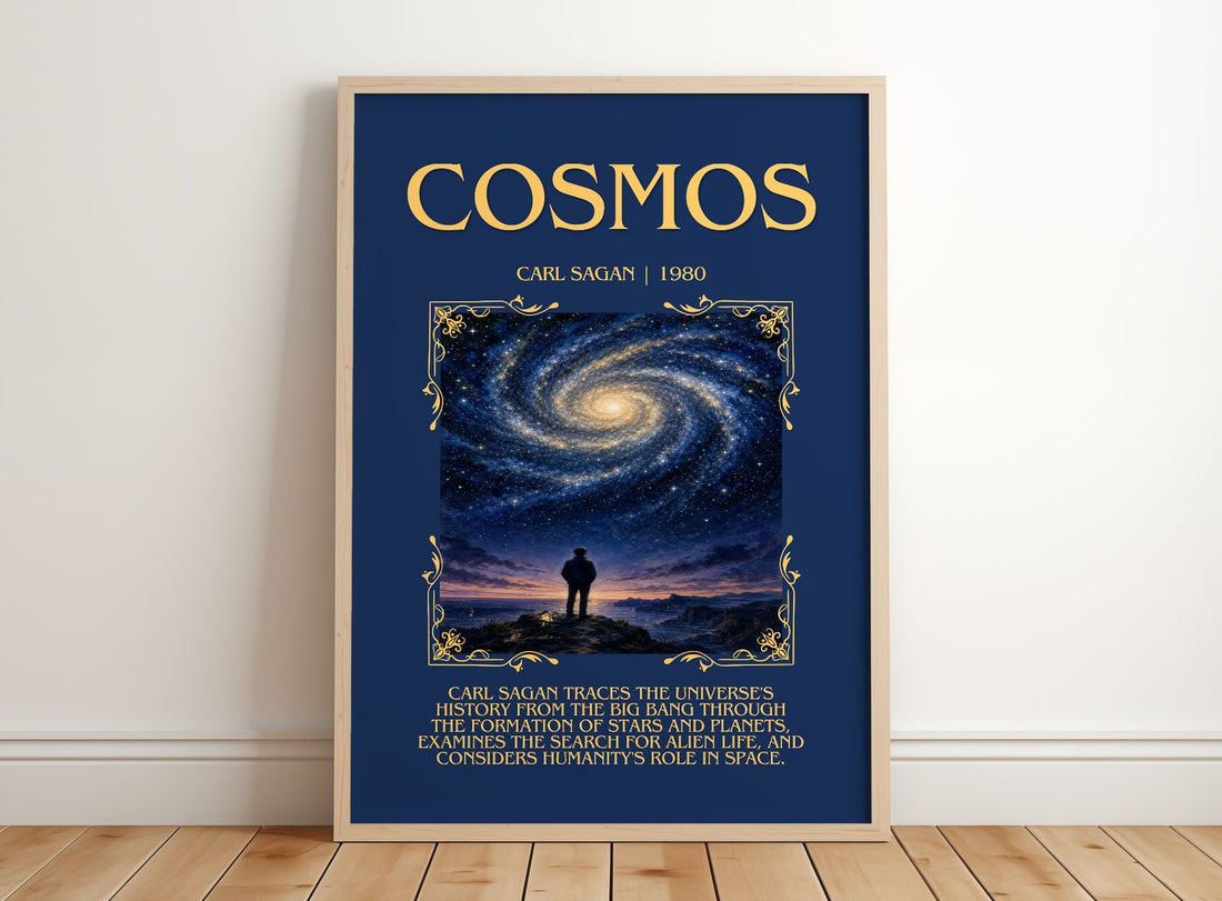 Cosmos Minimalist Book Poster by Carl Sagan – framed print leaning on a wooden floor