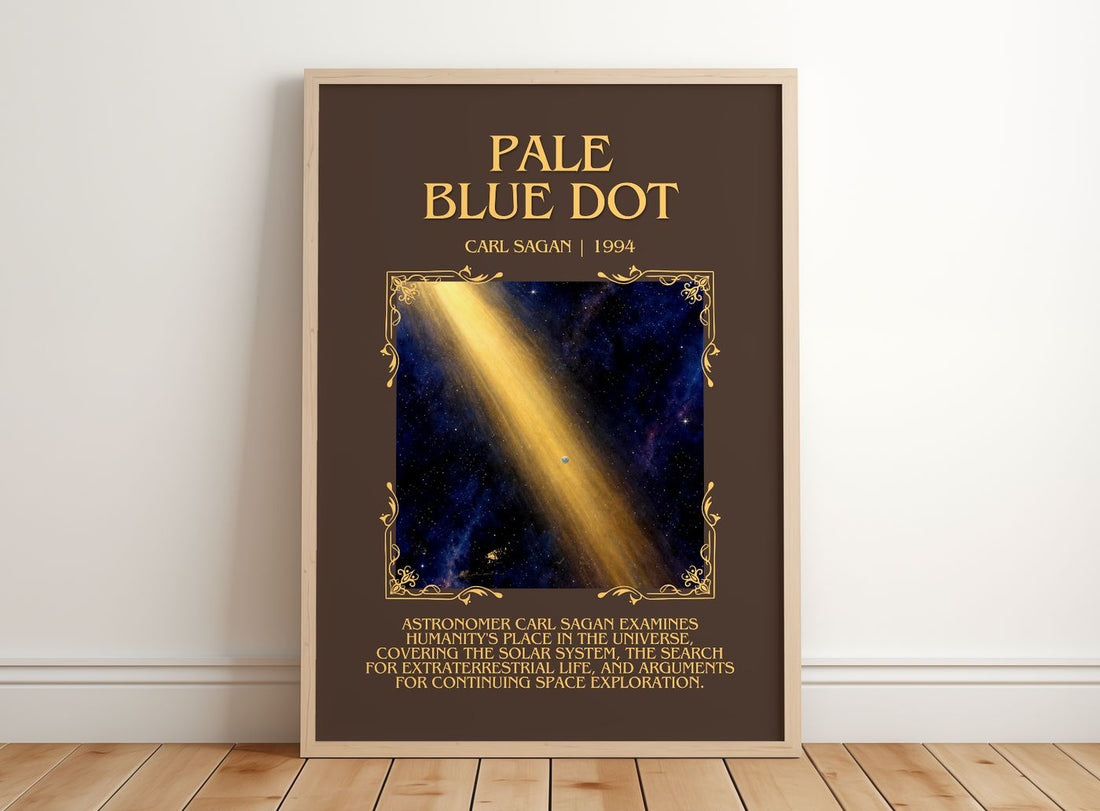 Pale Blue Dot Minimalist Book Poster by Carl Sagan – framed print leaning on a wooden floor