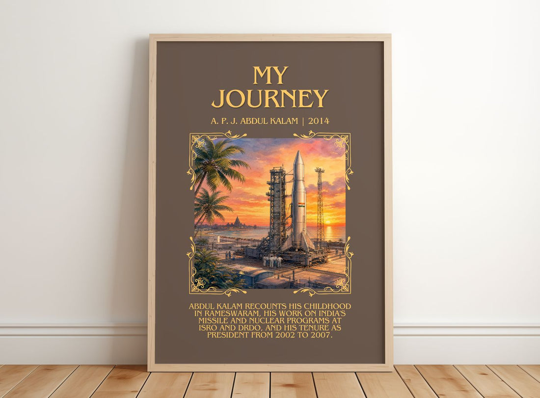 My Journey Minimalist Book Poster by A. P. J. Abdul Kalam – framed print leaning on a wooden floor
