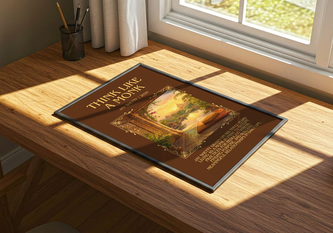 Think Like a Monk Minimalist Book Poster by Jay Shetty – print on a sunlit desk
