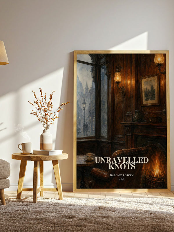 Unravelled Knots watercolour print in frame leaning in hallway – mystery wall art