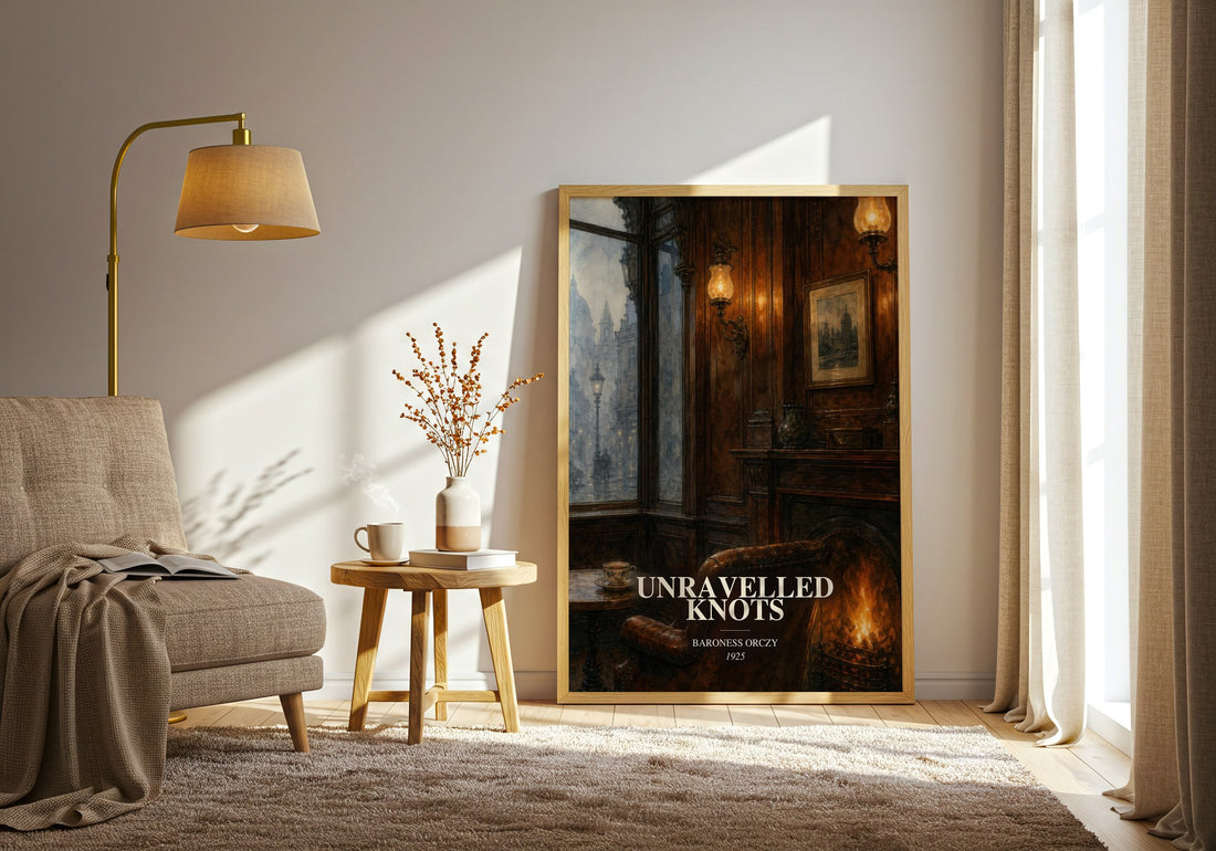 Unravelled Knots watercolour print in frame leaning in hallway – mystery wall art (mockup)