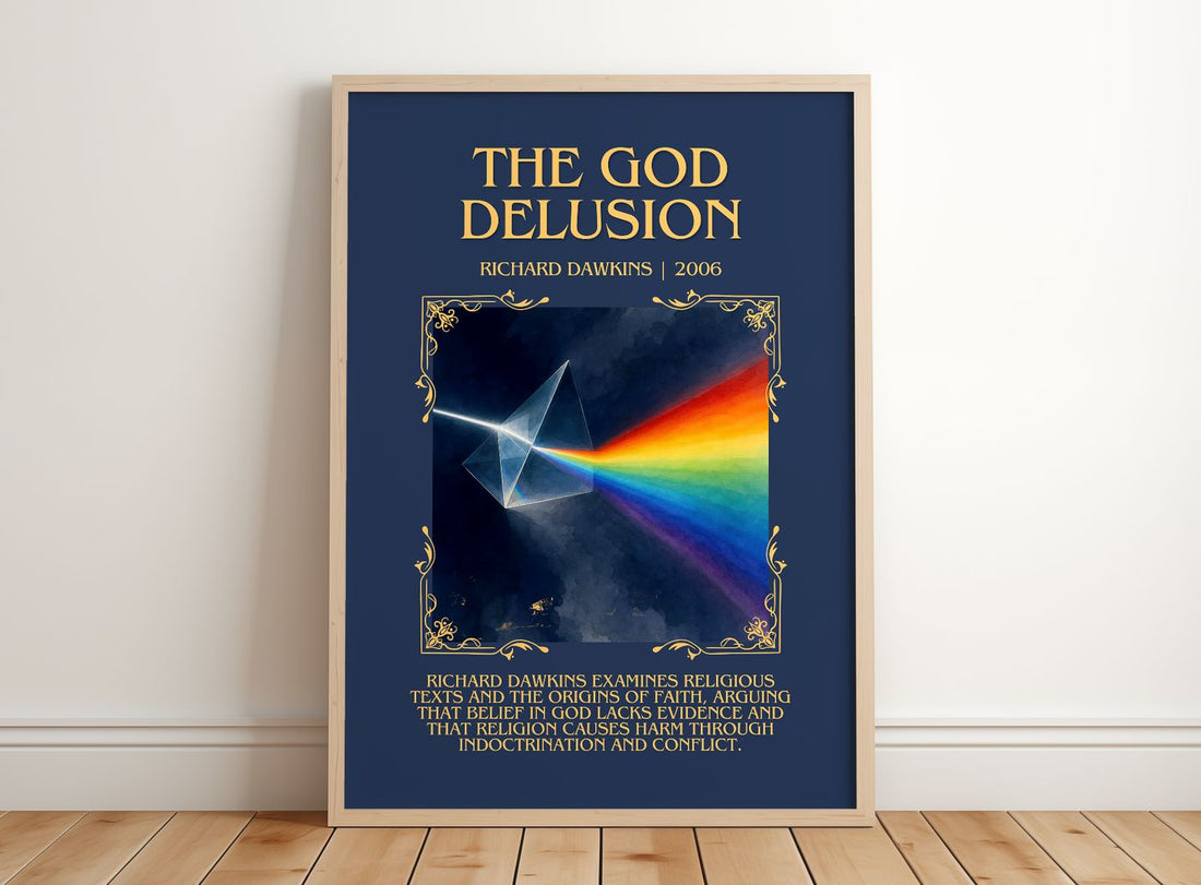 The God Delusion Minimalist Book Poster by Richard Dawkins – framed print leaning on a wooden floor