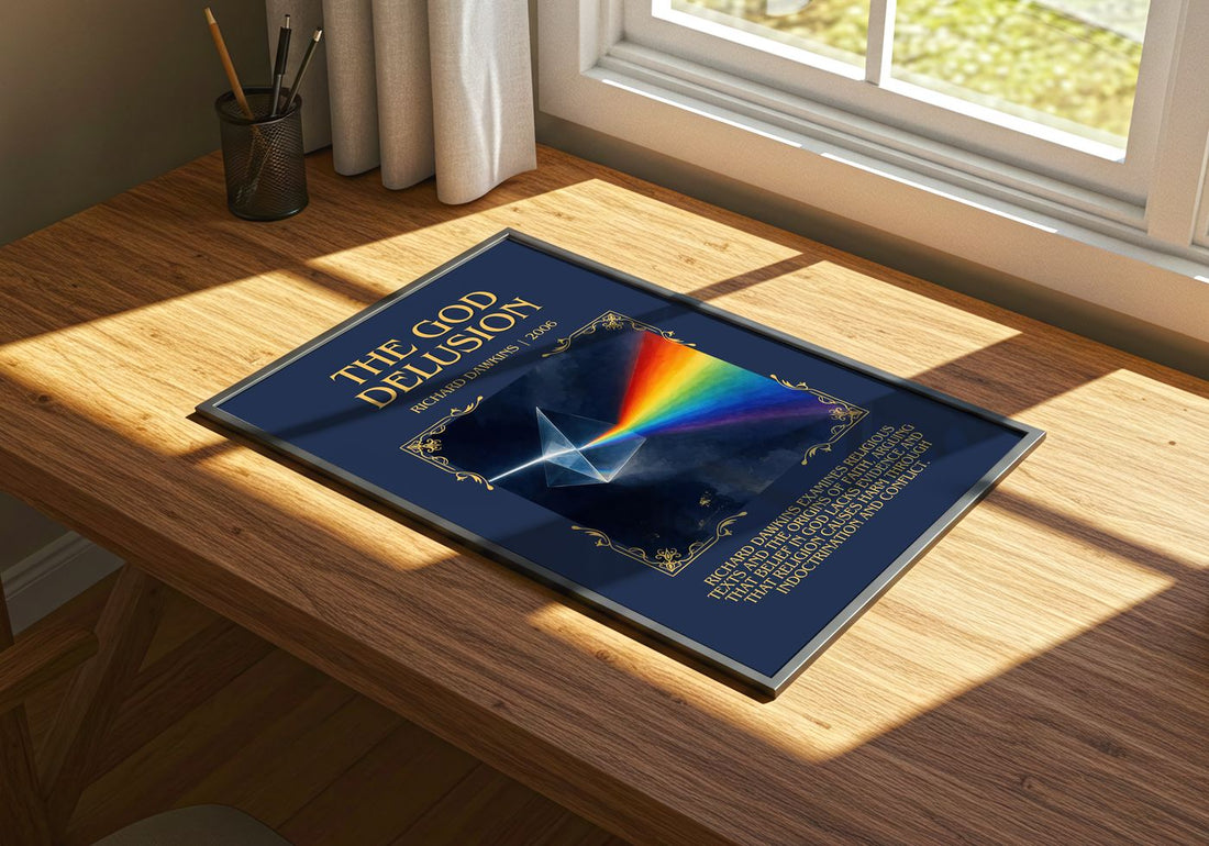 The God Delusion Minimalist Book Poster by Richard Dawkins – print on a sunlit desk