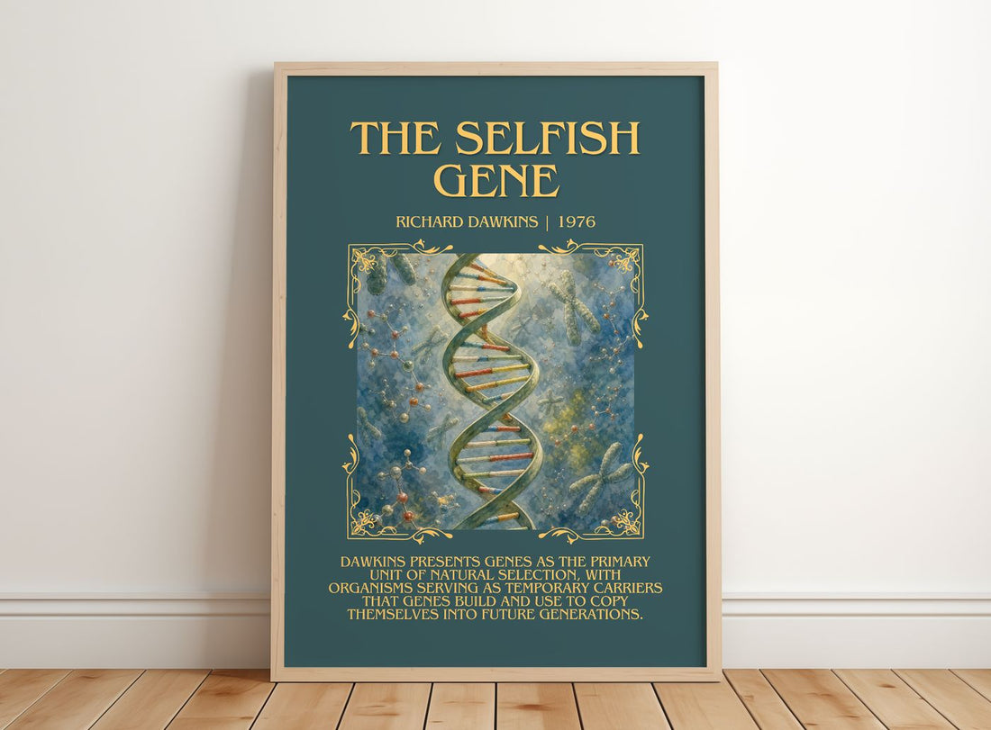 The Selfish Gene Minimalist Book Poster by Richard Dawkins – framed print leaning on a wooden floor
