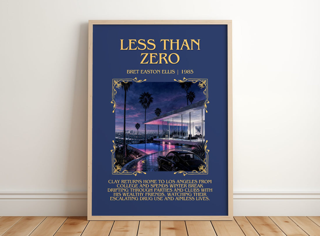 Less than Zero Minimalist Book Poster by Bret Easton Ellis – framed print leaning on a wooden floor