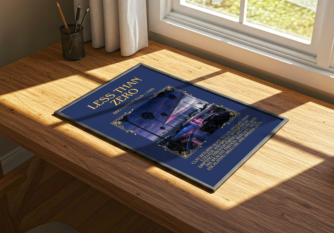 Less than Zero Minimalist Book Poster by Bret Easton Ellis – print on a sunlit desk