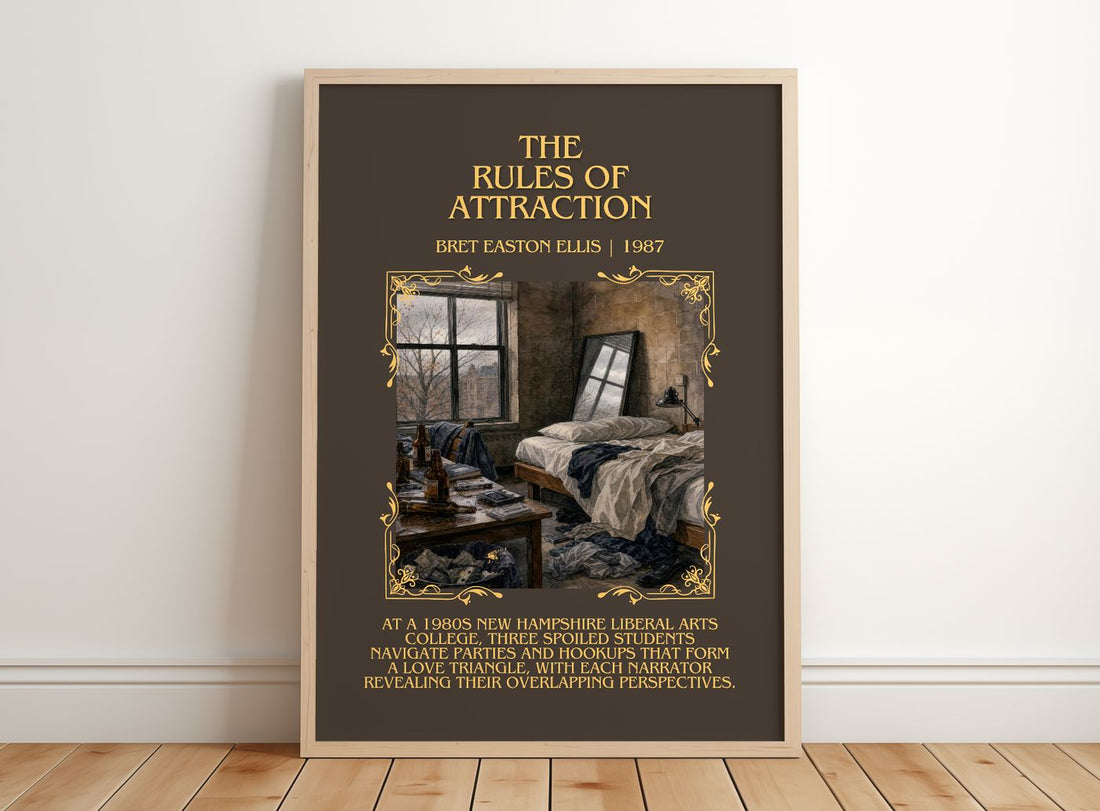 The rules of attraction Minimalist Book Poster by Bret Easton Ellis – framed print leaning on a wooden floor