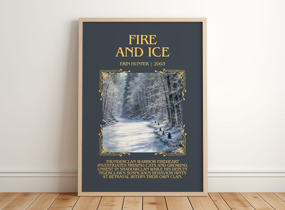 Fire and Ice Minimalist Book Poster by Erin Hunter – framed print leaning on a wooden floor
