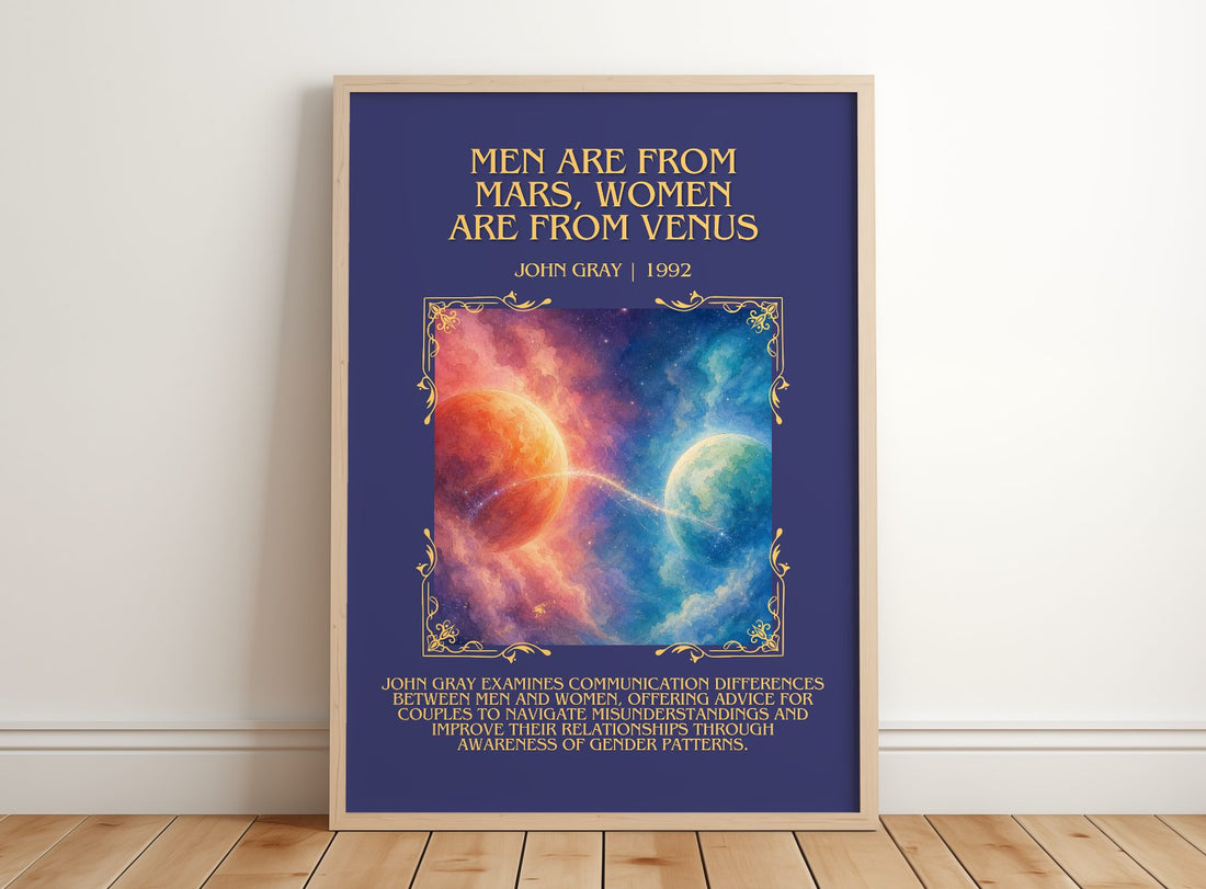 Men are From Mars, Women are From Venus Minimalist Book Poster – framed print leaning on a wooden floor