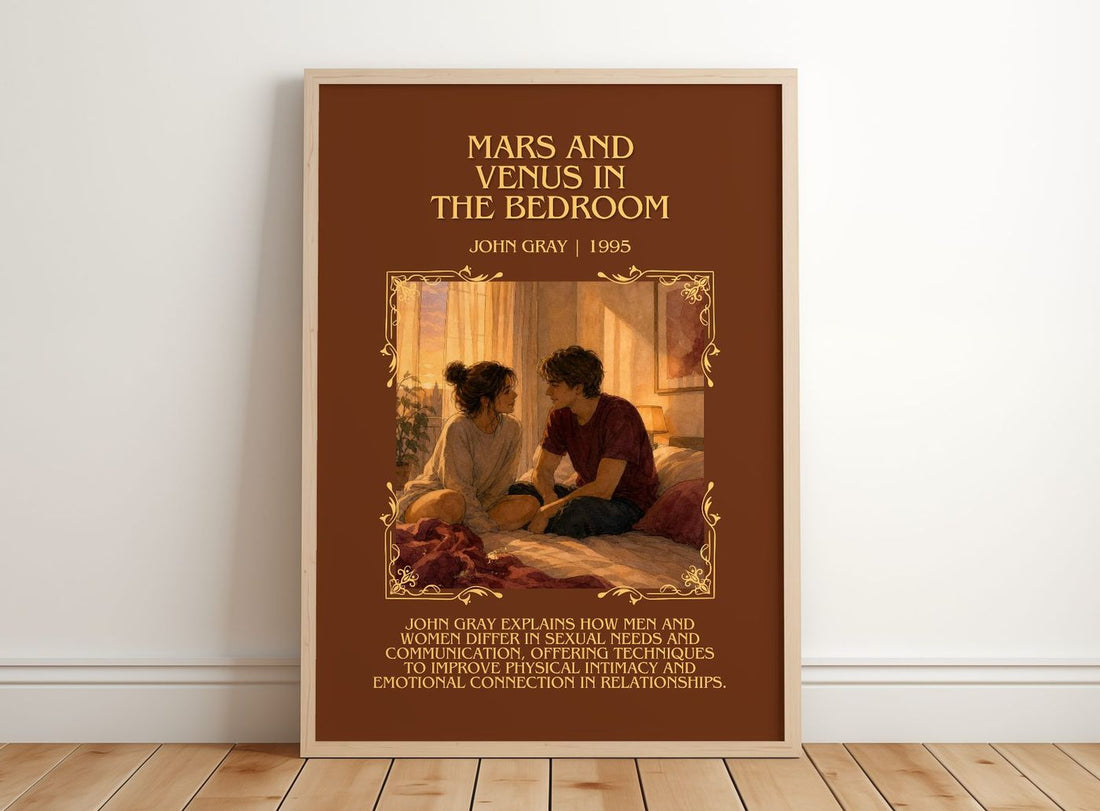 Mars and Venus in the bedroom Minimalist Book Poster by John Gray – framed print leaning on a wooden floor