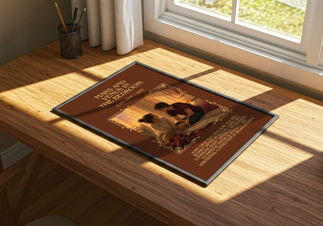Mars and Venus in the bedroom Minimalist Book Poster by John Gray – print on a sunlit desk