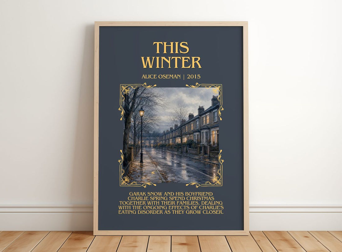This Winter Minimalist Book Poster by Alice Oseman – framed print leaning on a wooden floor