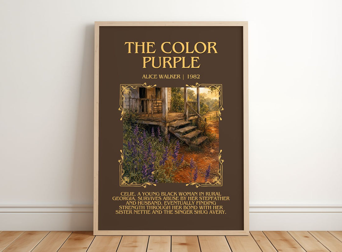 The Color Purple Minimalist Book Poster by Alice Walker – framed print leaning on a wooden floor