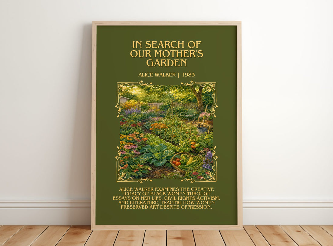 In Search of Our Mother's Garden Minimalist Book Poster by A. Walker – framed print leaning on a wooden floor