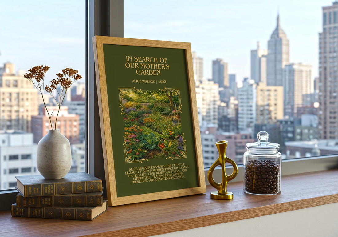 In Search of Our Mother's Garden Minimalist Book Poster by A. Walker – framed print on a city-view windowsill