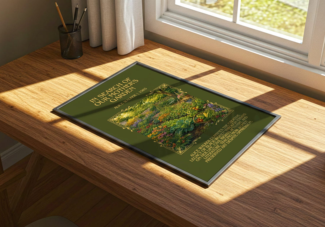 In Search of Our Mother's Garden Minimalist Book Poster by A. Walker – print on a sunlit desk