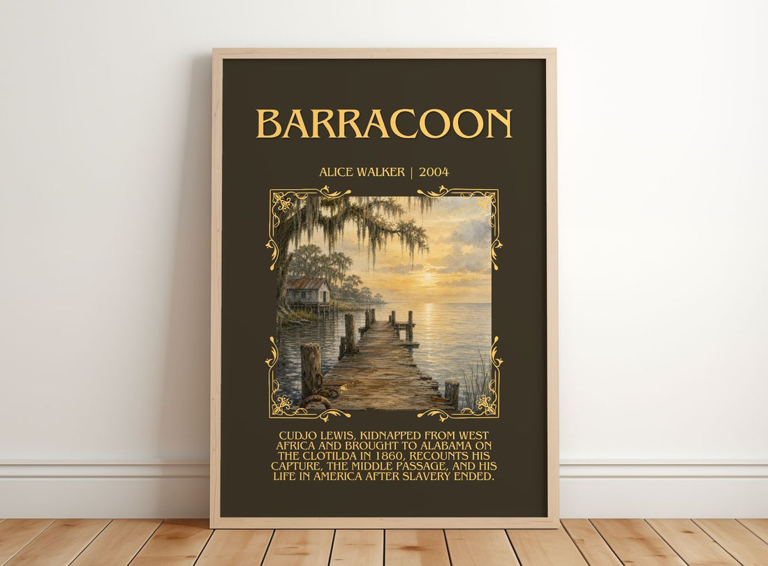 Barracoon Minimalist Book Poster by Alice Walker – framed print leaning on a wooden floor