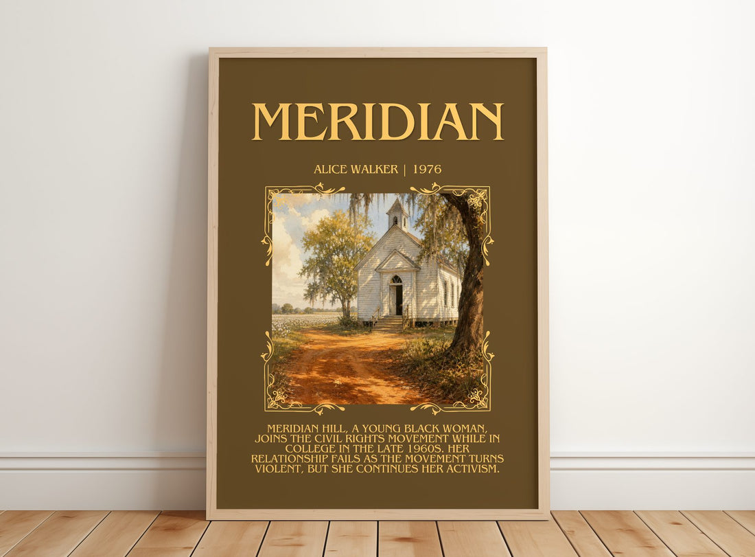 Meridian Minimalist Book Poster by Alice Walker – framed print leaning on a wooden floor