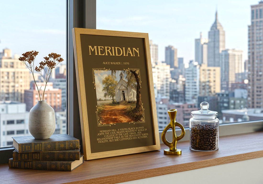 Meridian Minimalist Book Poster by Alice Walker – framed print on a city-view windowsill