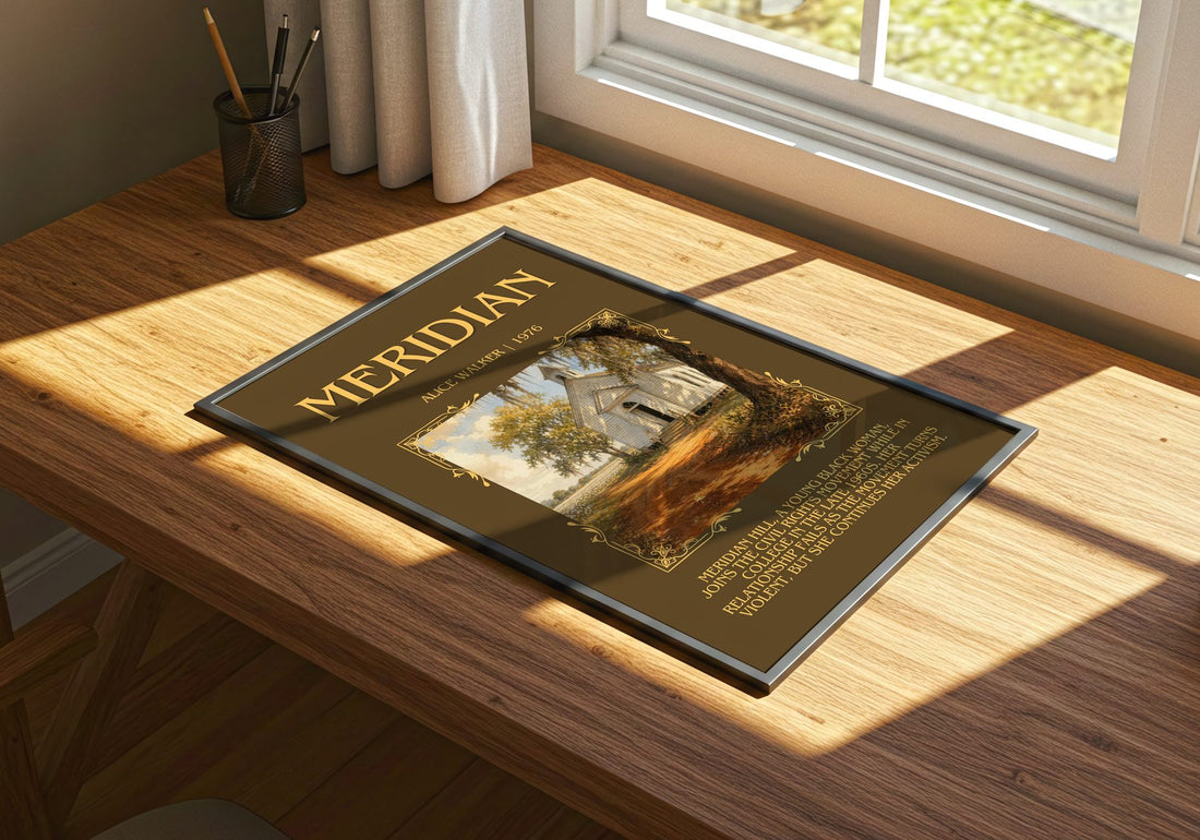 Meridian Minimalist Book Poster by Alice Walker – print on a sunlit desk