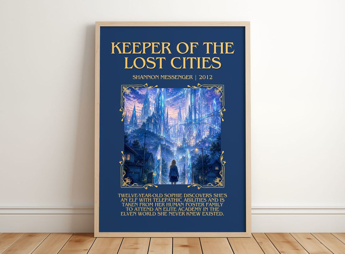 Keeper of the Lost Cities Minimalist Book Poster by Shannon Messenger – framed print leaning on a wooden floor