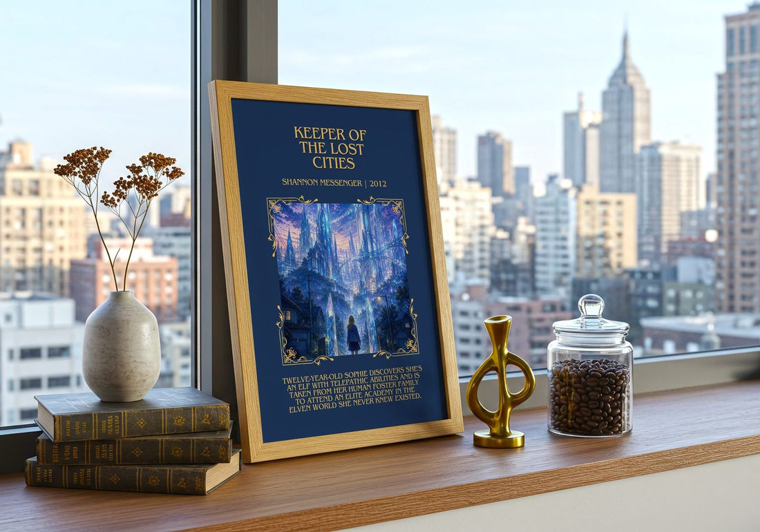 Keeper of the Lost Cities Minimalist Book Poster by Shannon Messenger – framed print on a city-view windowsill