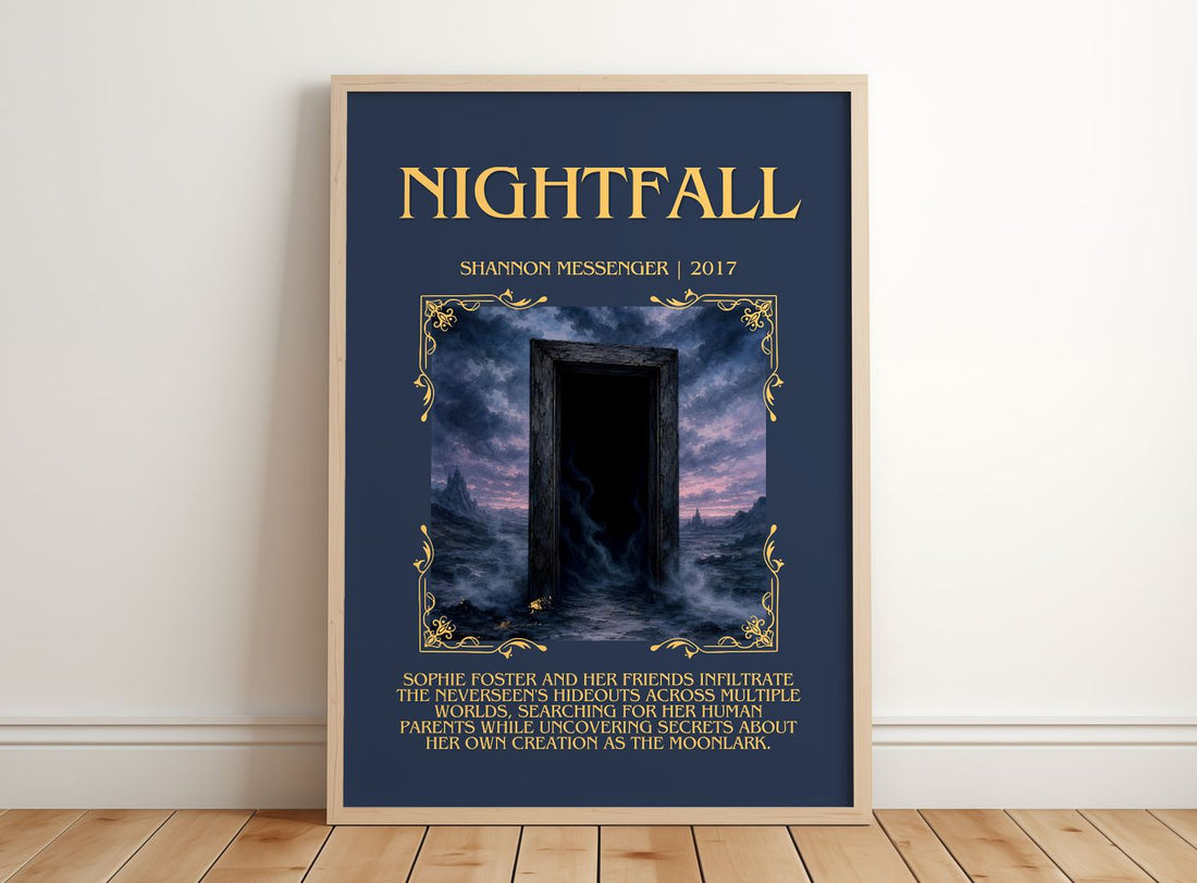 Nightfall Minimalist Book Poster by Shannon Messenger – framed print leaning on a wooden floor