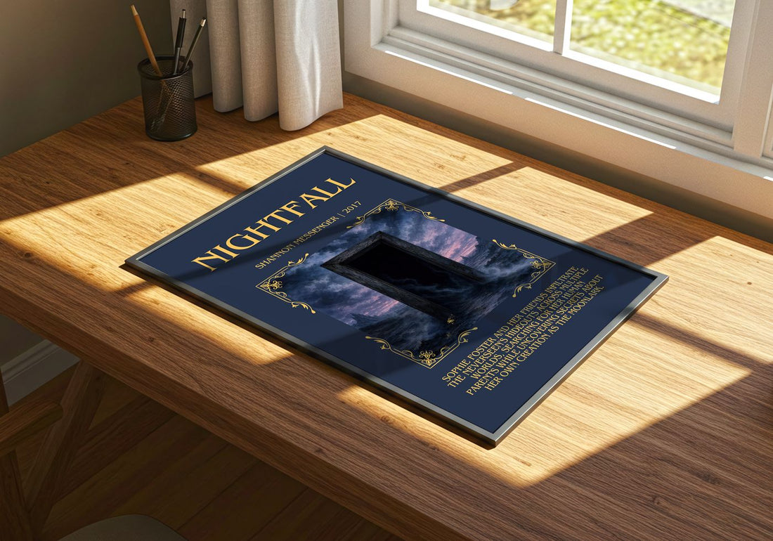 Nightfall Minimalist Book Poster by Shannon Messenger – print on a sunlit desk
