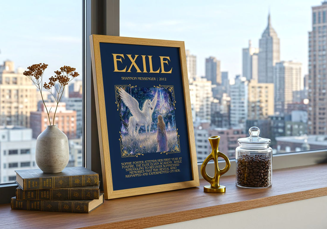 Exile Minimalist Book Poster by Shannon Messenger – framed print on a city-view windowsill