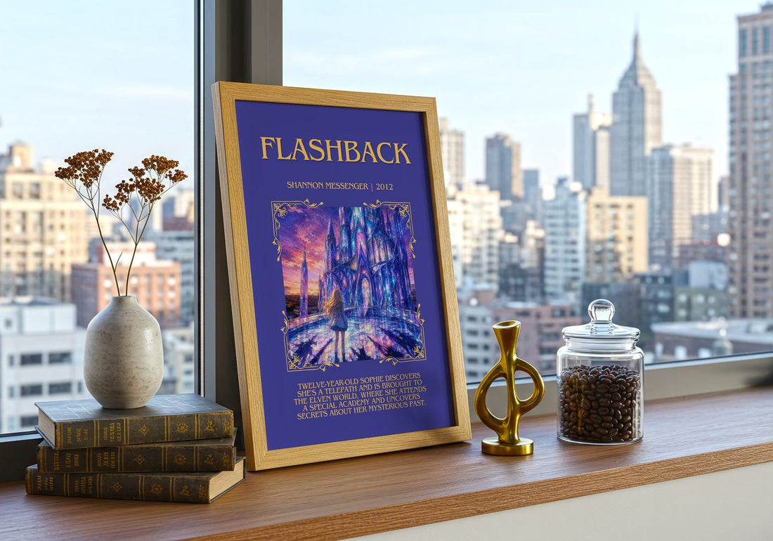 Flashback Minimalist Book Poster by Shannon Messenger – framed print on a city-view windowsill