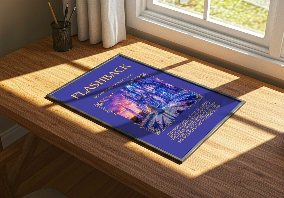 Flashback Minimalist Book Poster by Shannon Messenger – print on a sunlit desk