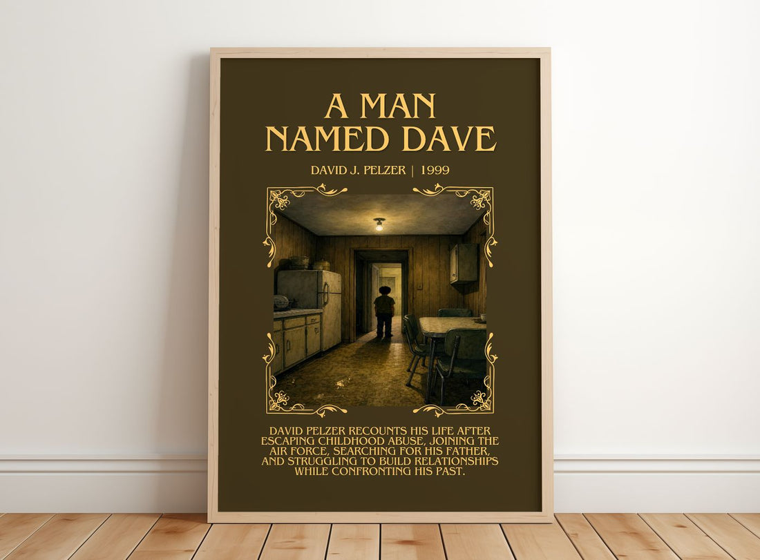 A man named Dave Minimalist Book Poster by David J. Pelzer – framed print leaning on a wooden floor