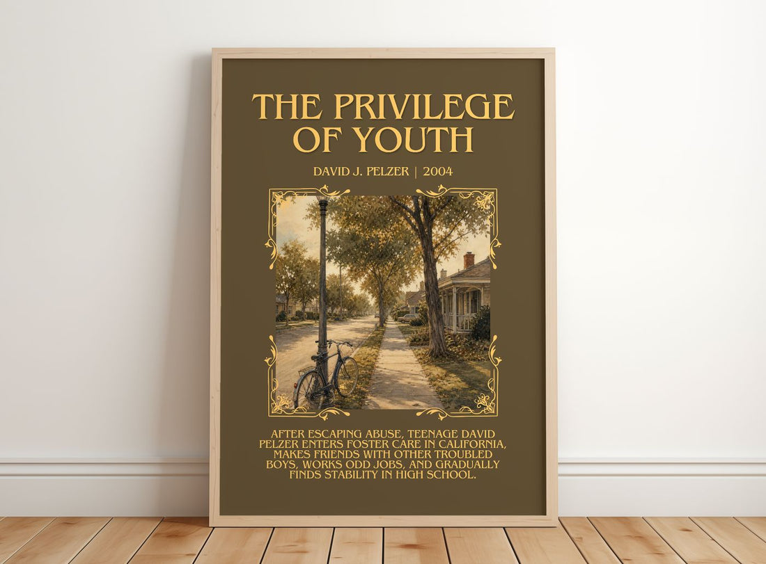 The Privilege of Youth Minimalist Book Poster by David J. Pelzer – framed print leaning on a wooden floor