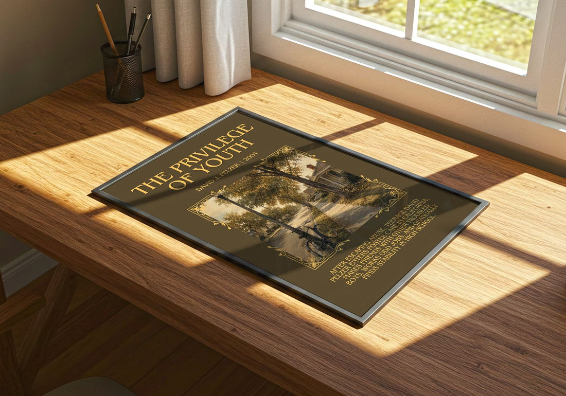The Privilege of Youth Minimalist Book Poster by David J. Pelzer – print on a sunlit desk
