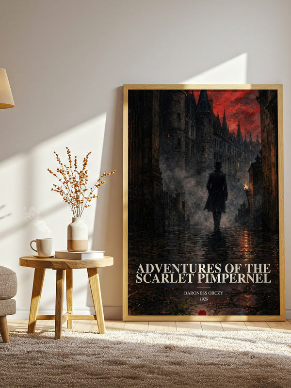 Adventures Of The Scarlet Pimpernel watercolour print in frame leaning in hallway – adventure wall art