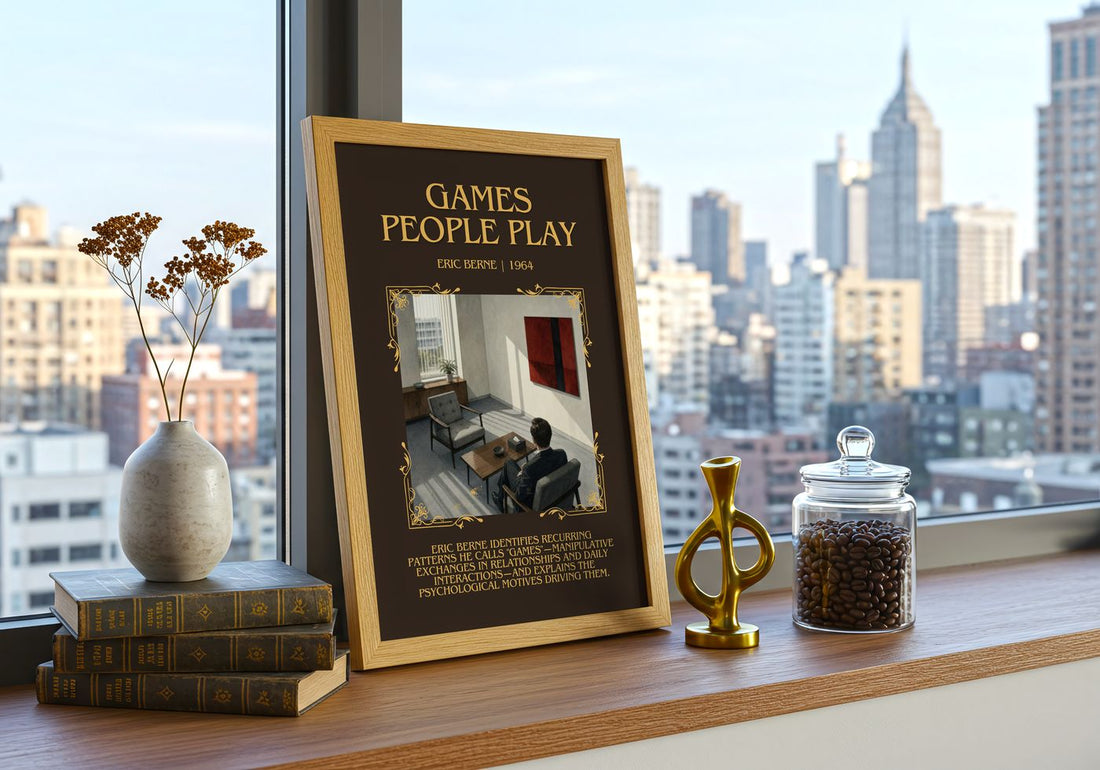 Games People Play Minimalist Book Poster by Eric Berne – framed print on a city-view windowsill