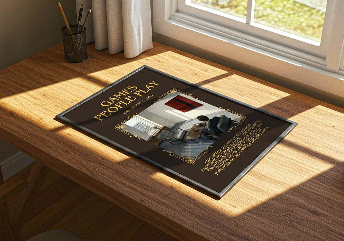 Games People Play Minimalist Book Poster by Eric Berne – print on a sunlit desk