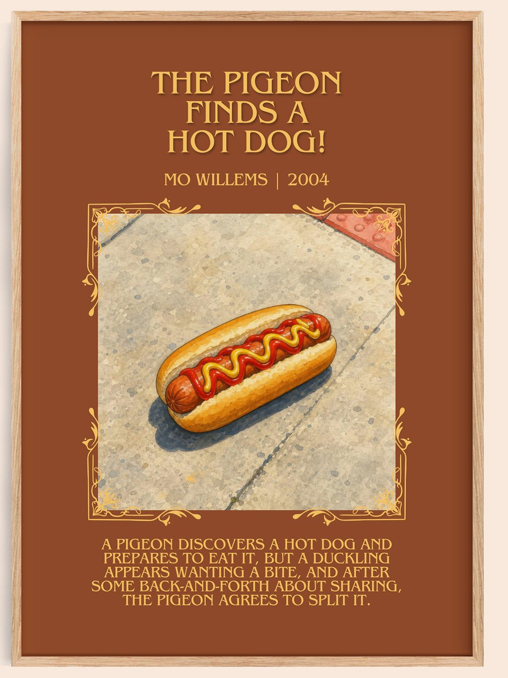 The Pigeon finds a hot dog! Minimalist Book Poster by Mo Willems – book poster