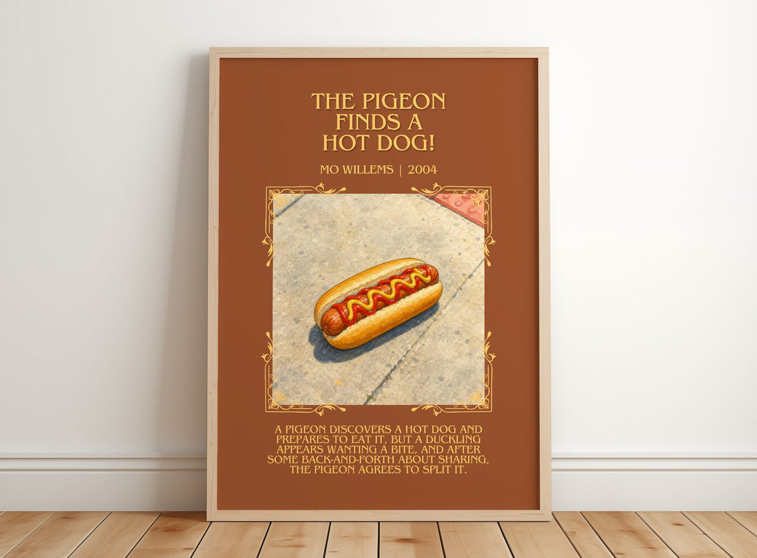 The Pigeon finds a hot dog! Minimalist Book Poster by Mo Willems – framed print leaning on a wooden floor