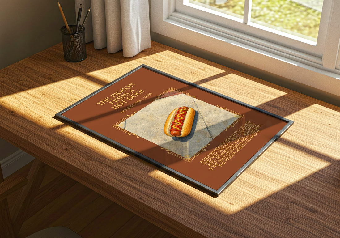The Pigeon finds a hot dog! Minimalist Book Poster by Mo Willems – print on a sunlit desk