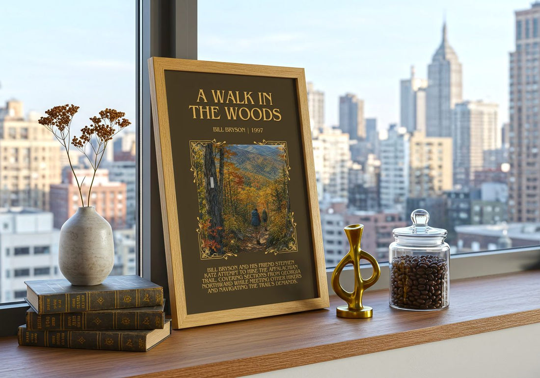 A Walk in the Woods Minimalist Book Poster by Bill Bryson – framed print on a city-view windowsill