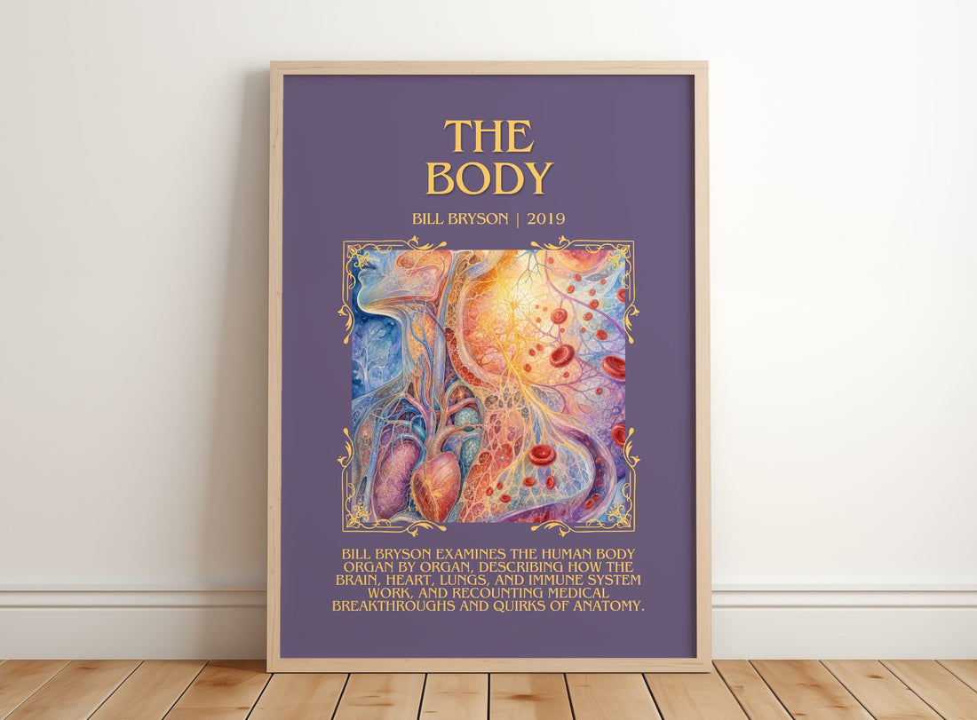 The Body Minimalist Book Poster by Bill Bryson – framed print leaning on a wooden floor