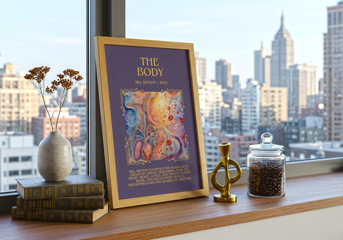 The Body Minimalist Book Poster by Bill Bryson – framed print on a city-view windowsill
