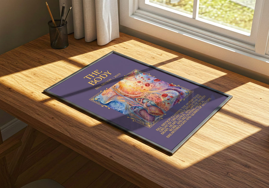 The Body Minimalist Book Poster by Bill Bryson – print on a sunlit desk