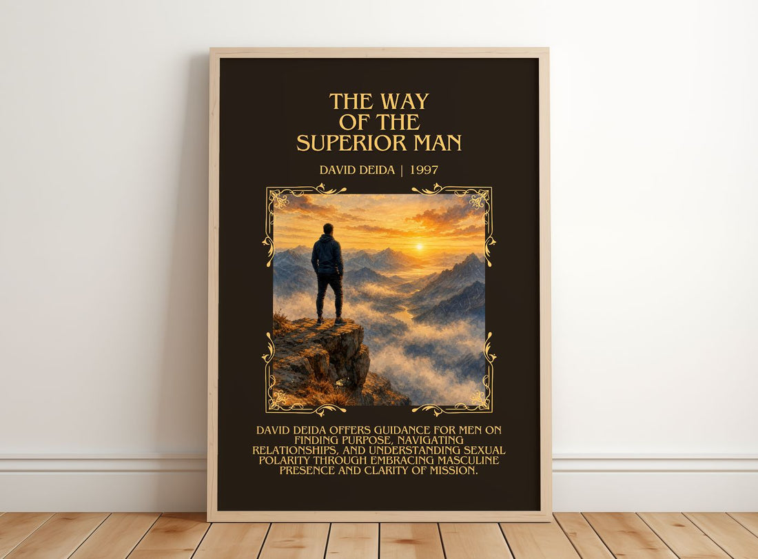 The way of the superior man Minimalist Book Poster by David Deida – framed print leaning on a wooden floor