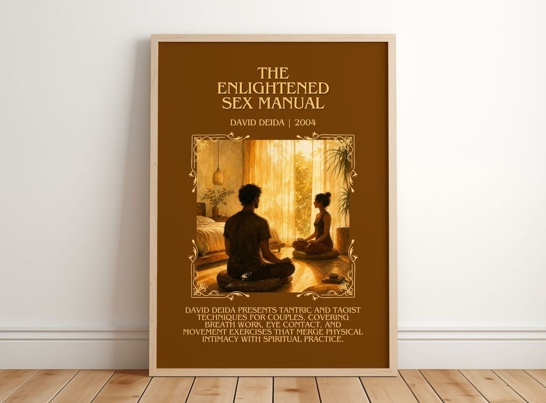 The Enlightened Sex Manual Minimalist Book Poster by David Deida – framed print leaning on a wooden floor